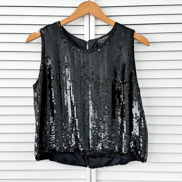 CHANEL Tops - Chanel Vintage Black Sequin Hook Eye Women's Sleeveless Top Bergdorf Goodman NYC